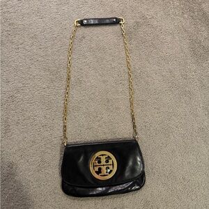 Tory Burch Logo Clutch Black and Gold Crossbody Leather Bag | Authentic